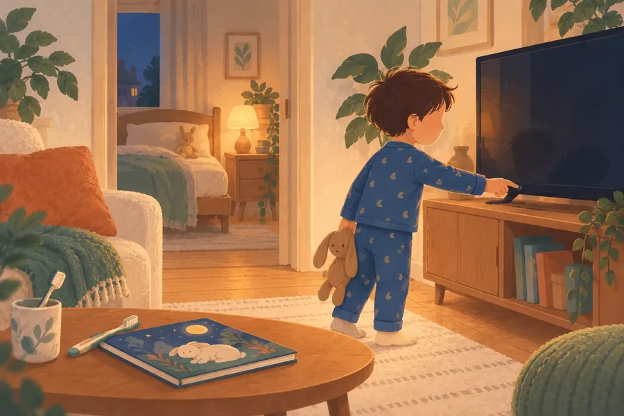 Un petit garçon en pyjama éteint la télévision avant d’aller au lit
